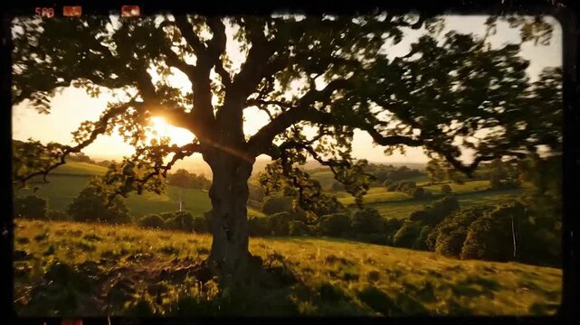 Vintage 16mm Film Frame View Of Oak Tree At Golden Hour Sunset For Film VFX Video Editing 4K