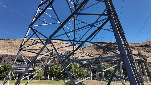 4K action camera footage of high voltage power transmission tower and electrical lines near John Day Dam, Oregon, USA carrying hydroelectric energy across the regional power grid