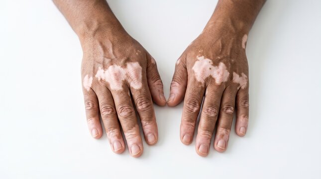 Top view of human hands with vitiligo skin depigmentation patches on dark skin