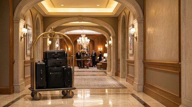 Brass Luggage Cart with Suitcases in Luxury Hotel Lobby