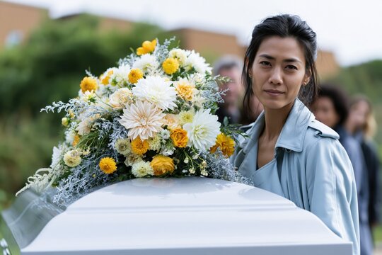 Woman beside a silver casket topped with yellow and white funeral flowers for outdoor memorial portrait background and sympathy banner design