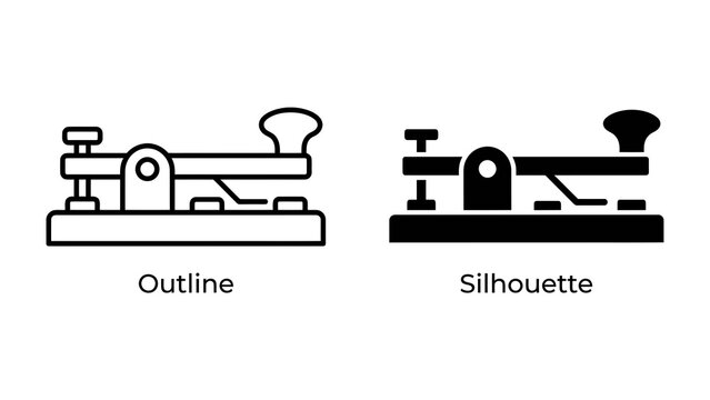Morse Code Telegraph Machine: A stylized illustration of a classic Morse code telegraph machine, presented in both outline and silhouette formats, symbolizing communication and historical technology.