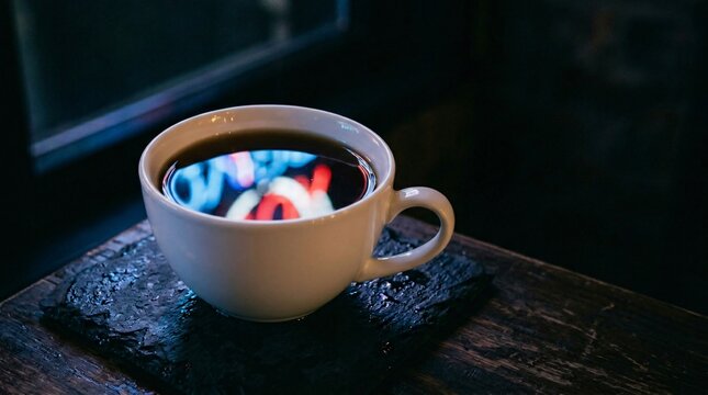 A steaming hot cup of dark aromatic coffee rests on a rustic stone coaster beside a window reflecting vibrant neon city lights during the quiet evening hours in a cozy atmosphere for relaxation