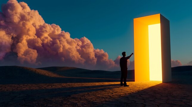 A man pointing at a glowing rectangular portal in a desert landscape under a dramatic sunset sky. Concept of new opportunities