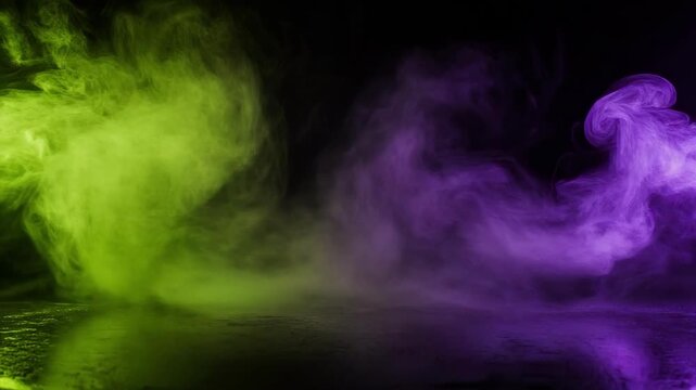 Abstract green and purple smoke or fog swirling on a black background