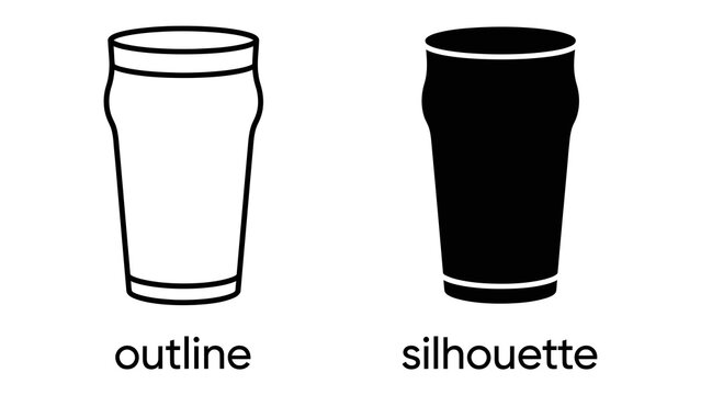 Pint Glass Icon: A simple graphic representation of a pint glass, presented as both an outline and a solid silhouette, symbolizing beverages and pub culture.