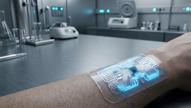 Close up of a futuristic bio-integrated microchip implant on a person's arm in a modern laboratory.