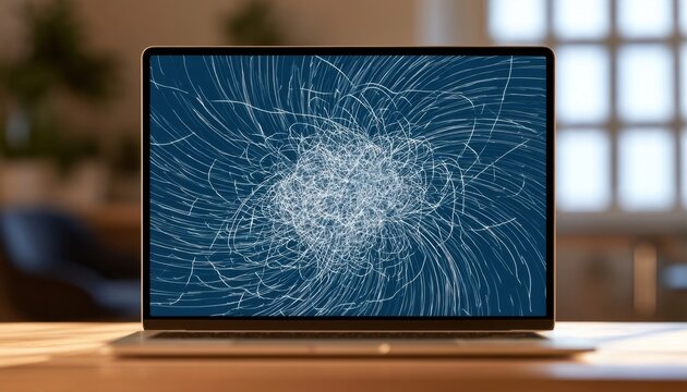 Laptop screen displaying a complex cracked glass pattern with a central impact point