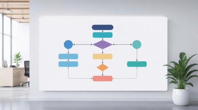 Colorful flowchart diagram on a whiteboard inside a modern office for business planning.