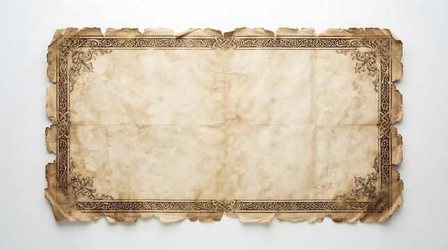 Aged rectangular parchment paper with torn, deckled edges and a dark brown ornate decorative border, isolated on a plain white background