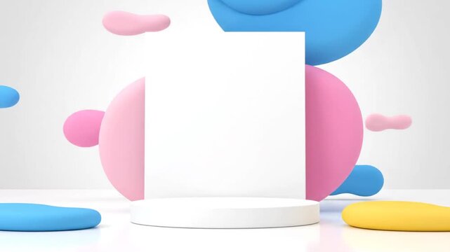 Modern Product Display Podium with Pastel Abstract Shapes and Blank Backdrop for Promotion