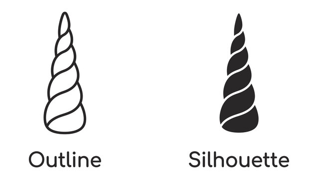 Unicorn Horn Outline and Silhouette: A simple graphic displaying a unicorn horn in two styles: a clean outline and a solid silhouette, perfect for whimsical designs and fantasy themes.