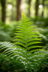 Obraz premium a green fern leaf in the spring forest