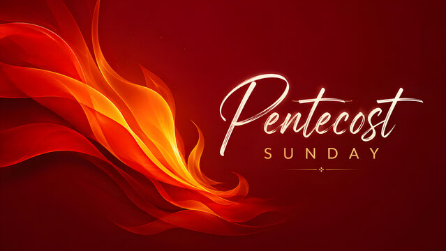 Pentecost sunday banner with flowing abstract fire waves, elegant script typography, and a deep red background for religious church celebrations