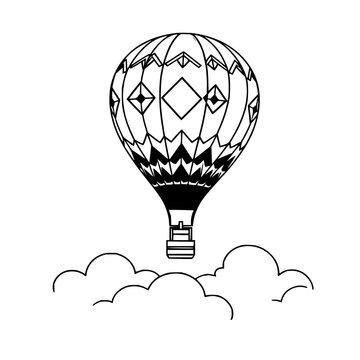 Hot air balloon with geometric patterns set with clouds featuring travel, adventure, and sky with modern design and vintage style
