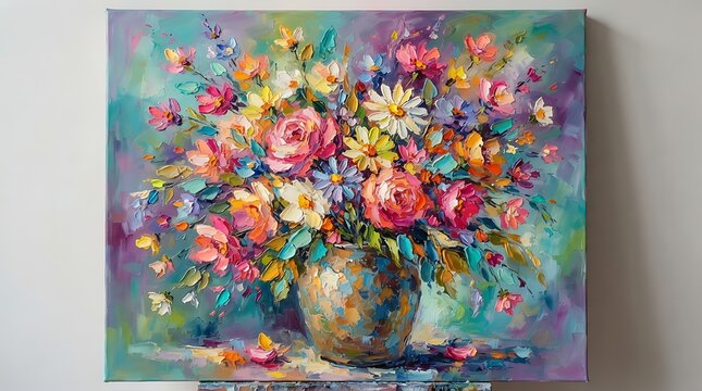 Impasto oil painting of a vibrant floral bouquet in a rustic vase, featuring thick brushstrokes of pink, yellow, blue, and teal on canvas