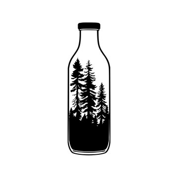 Forest silhouette inside glass bottle set with dark green trees and soft light featuring nature, bottle, glass, outdoors, and tranquility