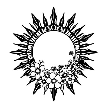 Sunburst frame with crescent moon surrounded by wildflowers featuring botanical elements, celestial design, and floral accents with intricate details and golden hues