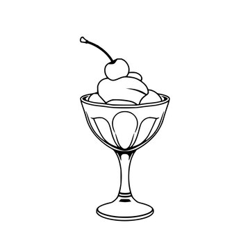 Vintage glass ice cream sundae dish with cherry set with retro dessert illustration featuring ice cream, cherry, glass dish with vintage style and soft lighting