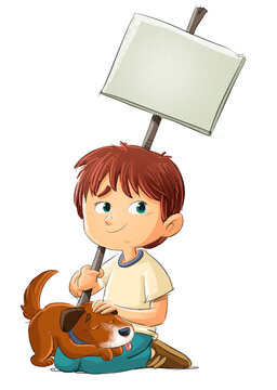 A child and a dog sitting with a sign in their hand, children's illustration