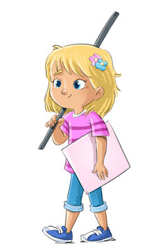 Little blonde girl with a disassembled banner, children's illustration