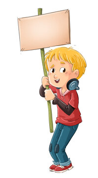 Boy with headphones and a banner in his hand, children's illustration