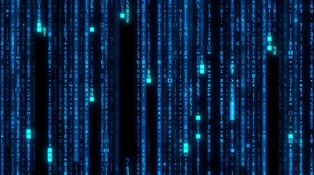 Abstract digital code rain with glowing blue characters