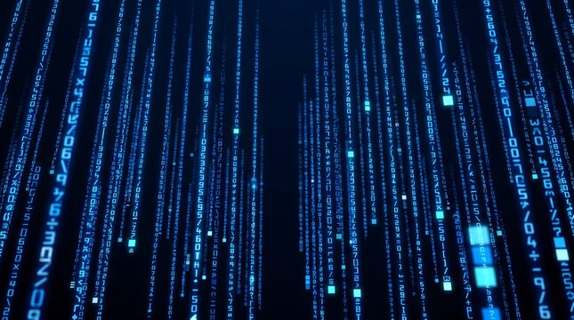 Blue digital code rain on dark background