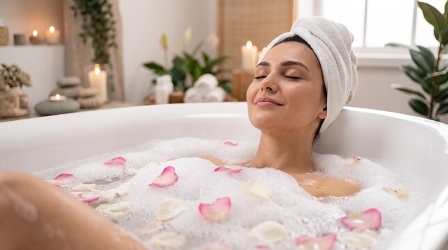 Beautiful young woman enjoying relaxing bubble bath with rose petals and candles in a serene spa bathroom interior