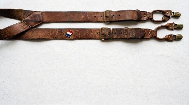A pair of weathered brown leather suspenders featuring durable metal clips and adjustable buckles rests horizontally, offering a vintage aesthetic suitable for formal gentlemanly fashion