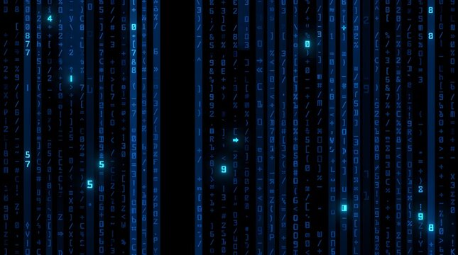 Digital stream of blue binary code and characters on black background