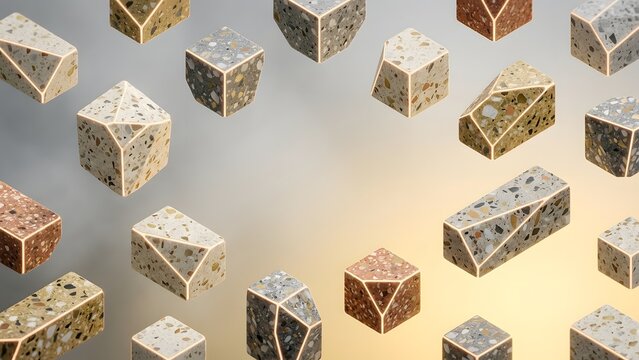 Various geometric terrazzo stone objects with glowing edges in a light gradient background