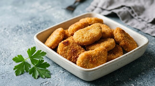 Golden fried chicken nuggets served in a square ceramic bowl, garnished with fresh green parsley on a textured blue stone surface