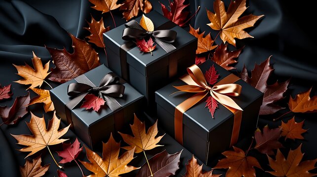Dark gift boxes decorated with autumn leaves on a dark fabric background