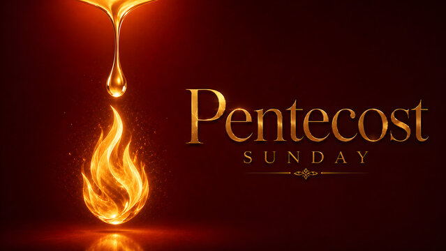 Pentecost sunday banner featuring a golden oil drop falling into a flame on a dark red background