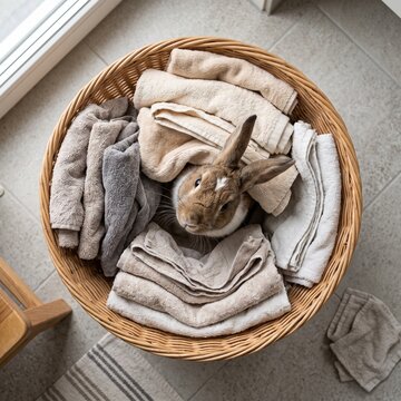 Top view of a rabbit hiding in a basket of towels