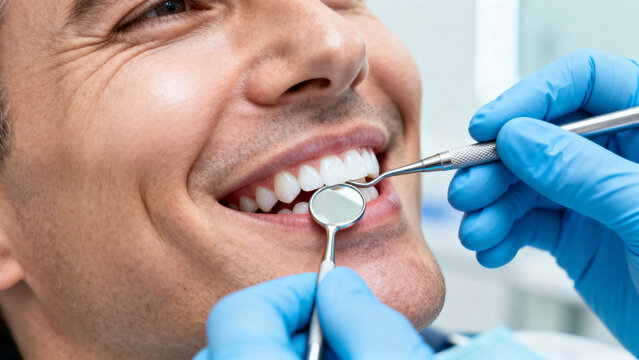 Close-up of Smiling Man Receiving Professional Dental Examination with Mirror and Probe