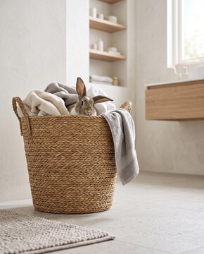 Rabbit peeking out of a towel laundry basket in a bright bathroom