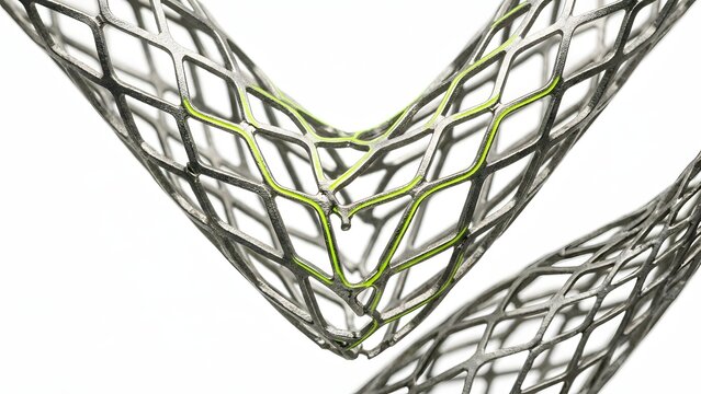 Close-up shot of two metallic stents with green trim, isolated on a white background.