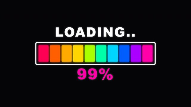 Digital loading bar at ninety nine percent. Colorful progress indicator on black background.