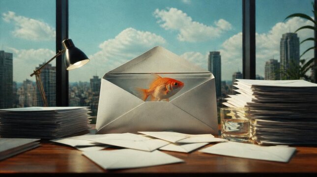 A fish swims in an open envelope on an office desk, with a city view outside.