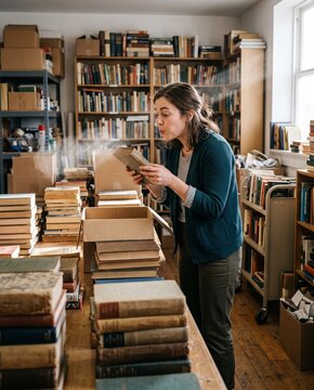 Young woman blowing dust off an old book in a bookshop