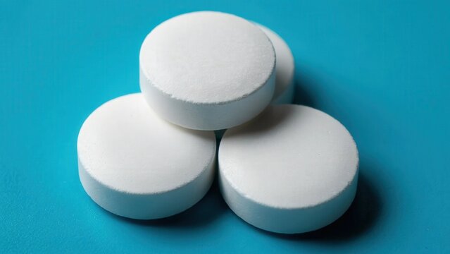 Three round white pharmaceutical tablets arranged on a blue surface with health care medicine pharmaceutical