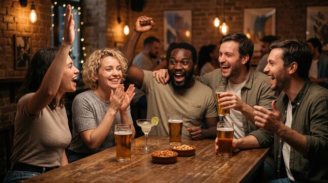 Group of friends celebrating together at a bar