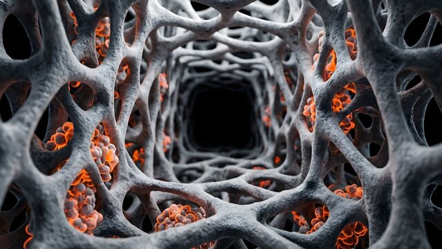 Microscopic view of trabecular bone structure with osteocytes glowing within the bone matrix