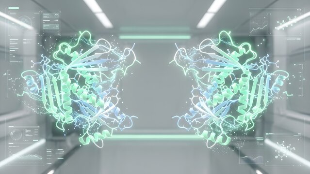 3D visualization of a protein molecule with glowing molecular structure and data screens in a futuristic laboratory hallway.