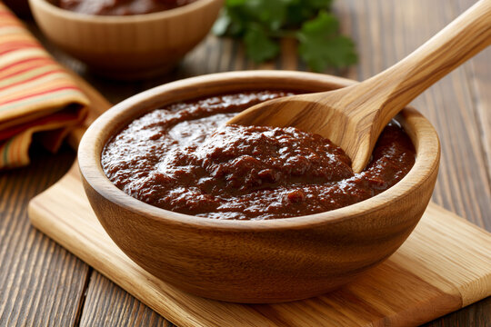 Homemade sauce in wooden bowl with wooden spoon