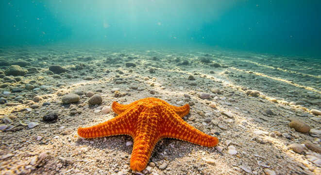 Bright orange starfish resting on the underwater sea floor