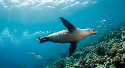 Fototapeta premium Sea lion swimming underwater in the blue ocean