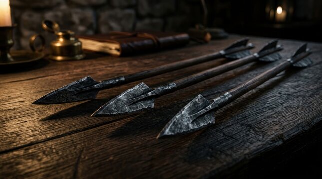 Ancient Arrows Lying on a Rustic Wooden Table.